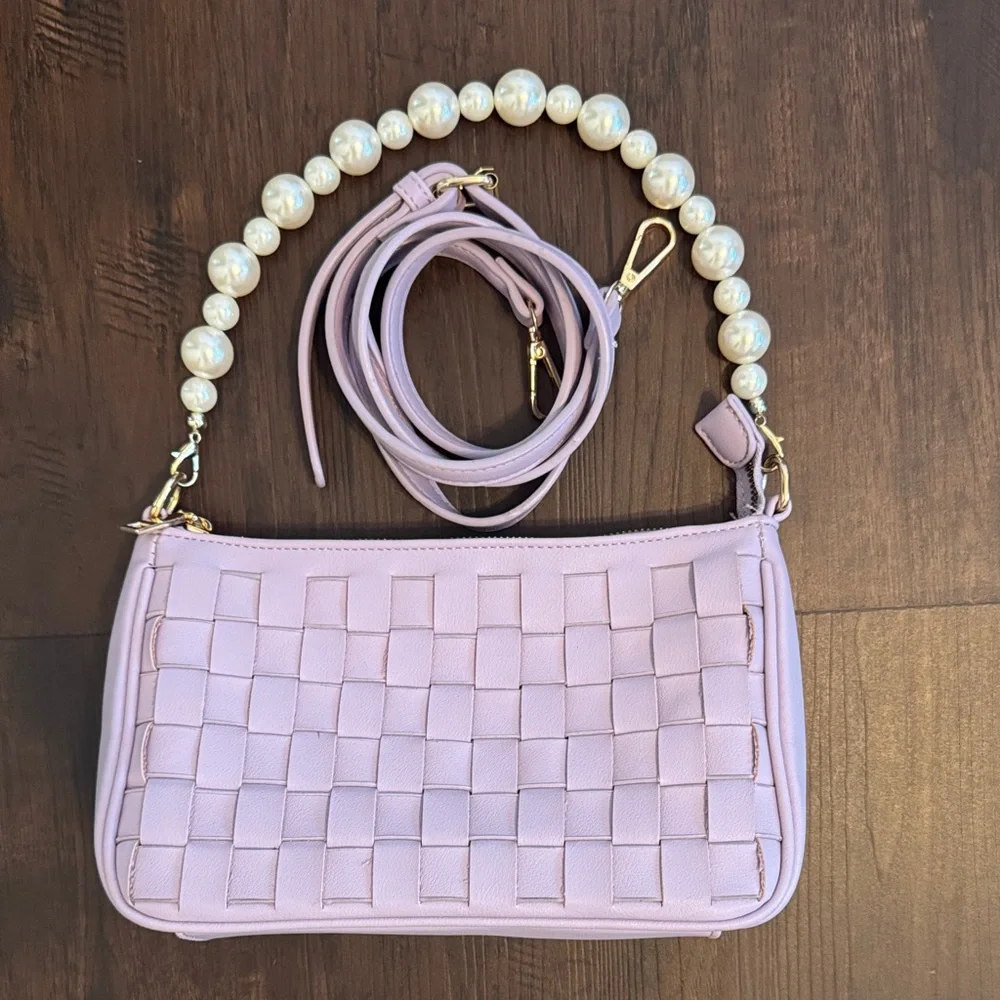 WOMENS HANDBAG DETACHABLE PEARL STRAP ADJUSTABLE CROSSBODY PURPLE WOVEN